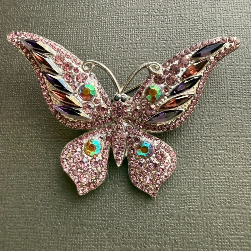 Pink Rhinestone Butterfly Brooch Iridescent Silver Tone Statement Jewelry Pin